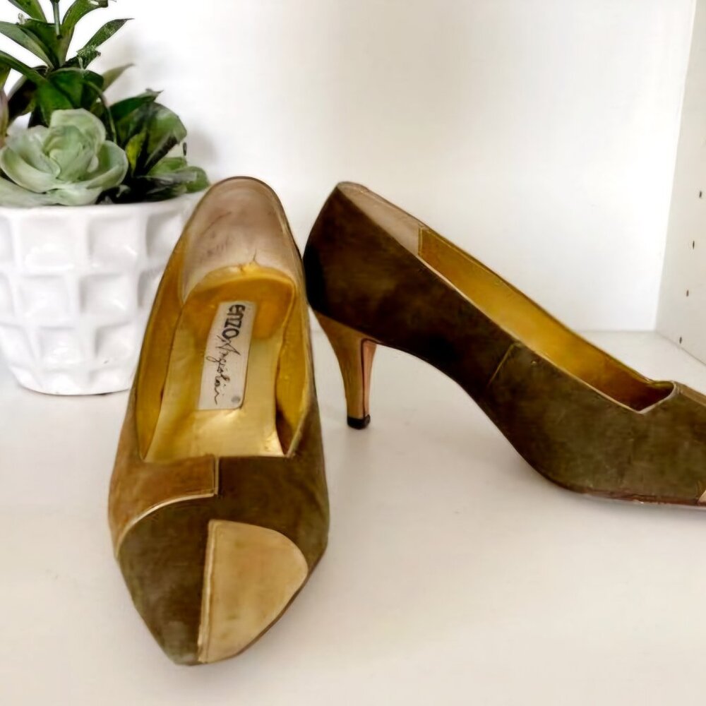 Brown and Gold Accent Suede Enzo Angiolini Pump